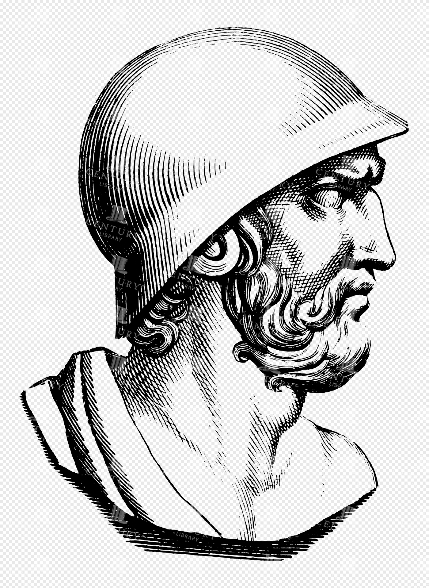 Greek God Ares in Profile Wearing Corinthian Helmet with Flowing Beard in Vintage Line Art