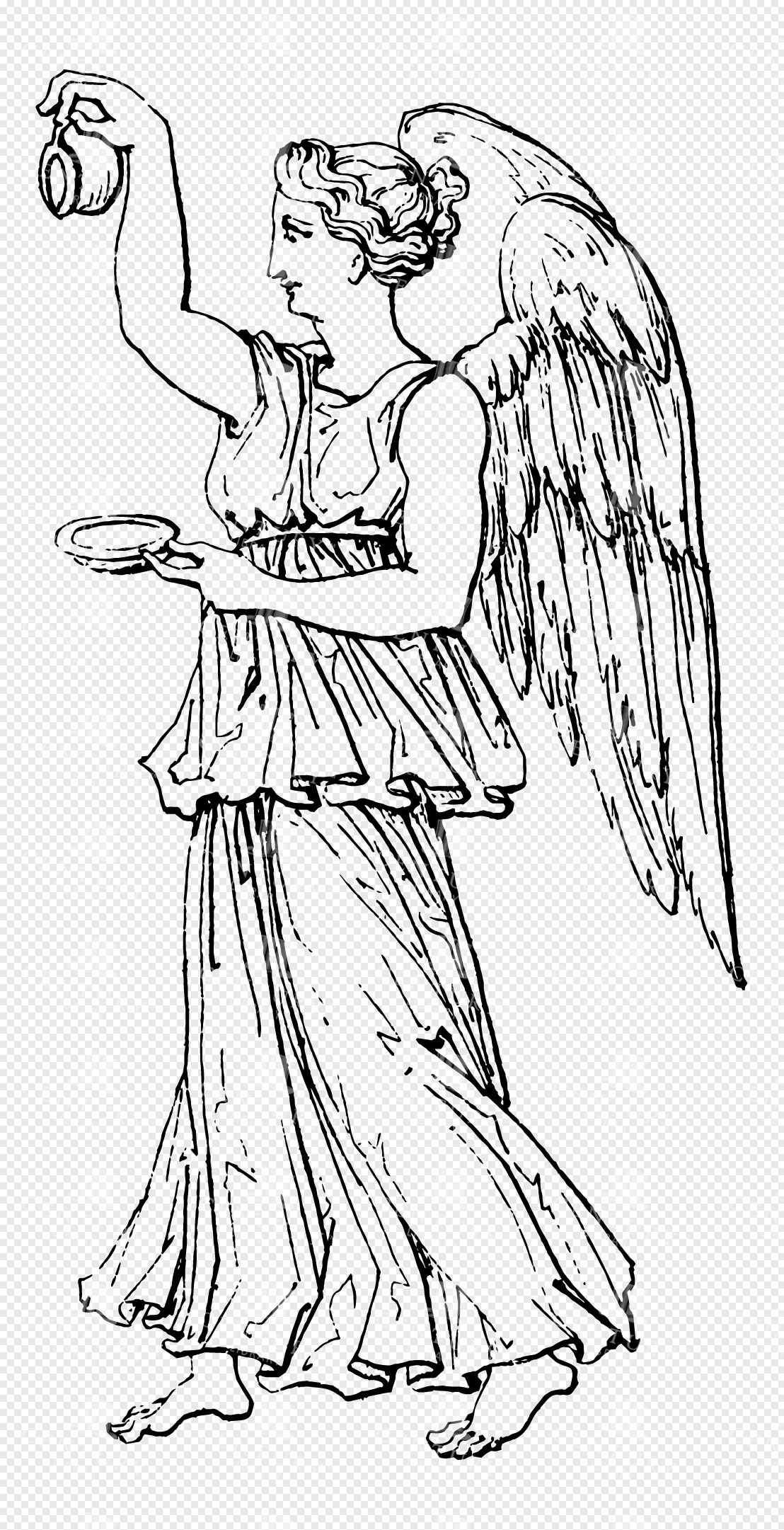 Greek Mythological Lineart of Winged Goddess Nike Pouring Offering with Elegant Grace