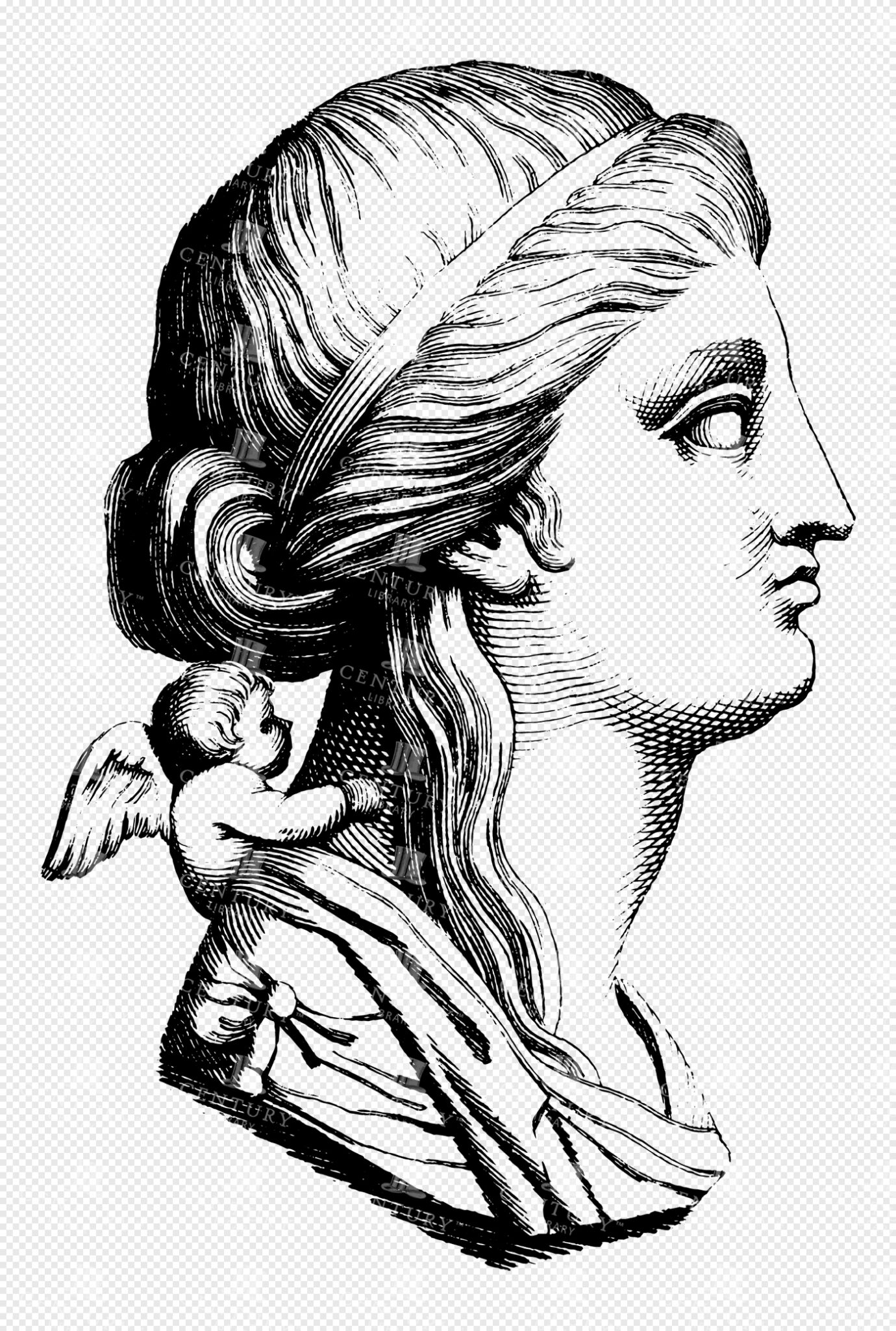 Regal Hera with Flowing Hair and Cherubic Eros in Mythological Engraving