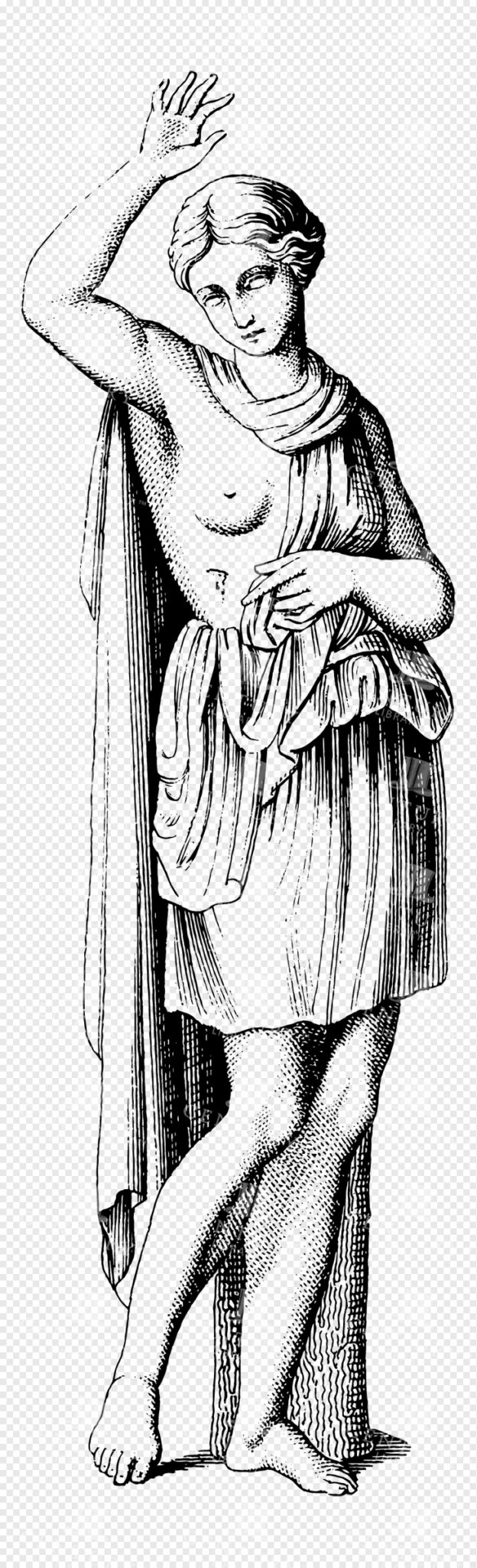Graceful Greek Goddess Line Art Depiction with Flowing Drapes and Raised Hand