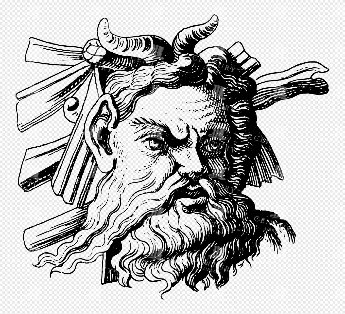 Mythological Head of Pan with Curved Horns and Flowing Beard in Greek Art