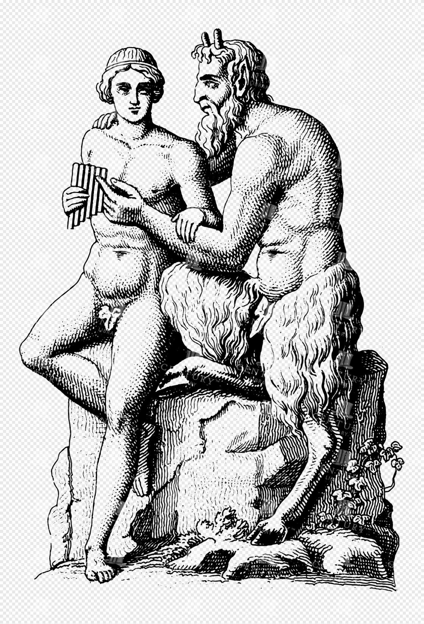 Mythological Scene Featuring Pan and Daphnis with Syrinx Flute and Satyr Form