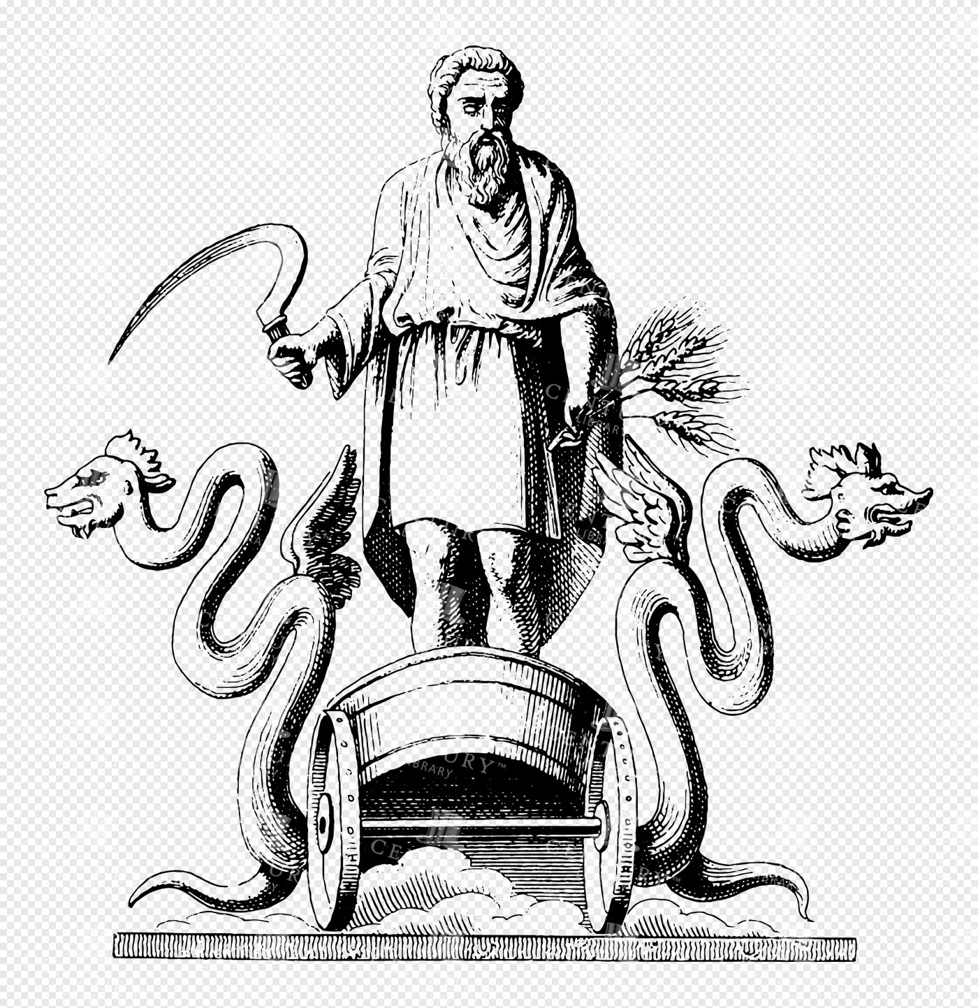 Greek God Cronus Holding Sickle with Serpent-Drawn Chariot and Harvest Symbolism