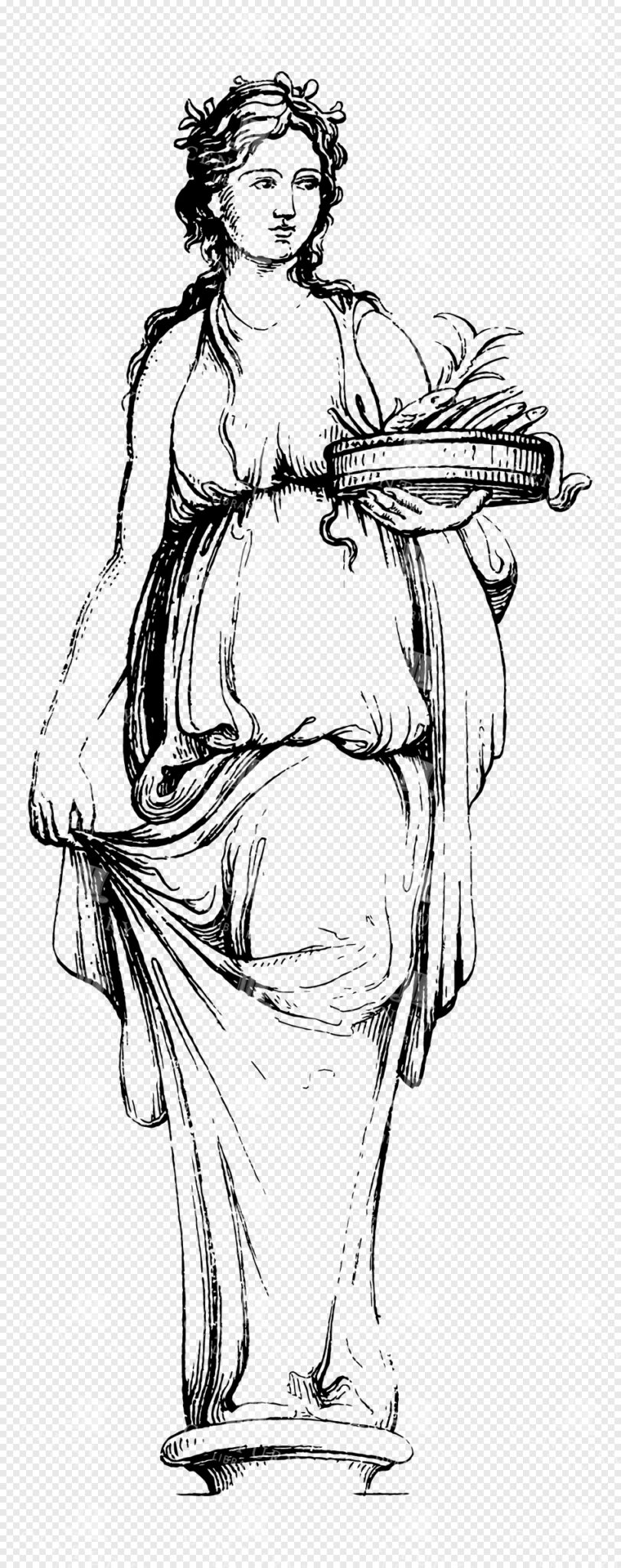 Greek Goddess Hestia Holding Sacred Fire in a Decorative Fish Basket with Flowing Robe
