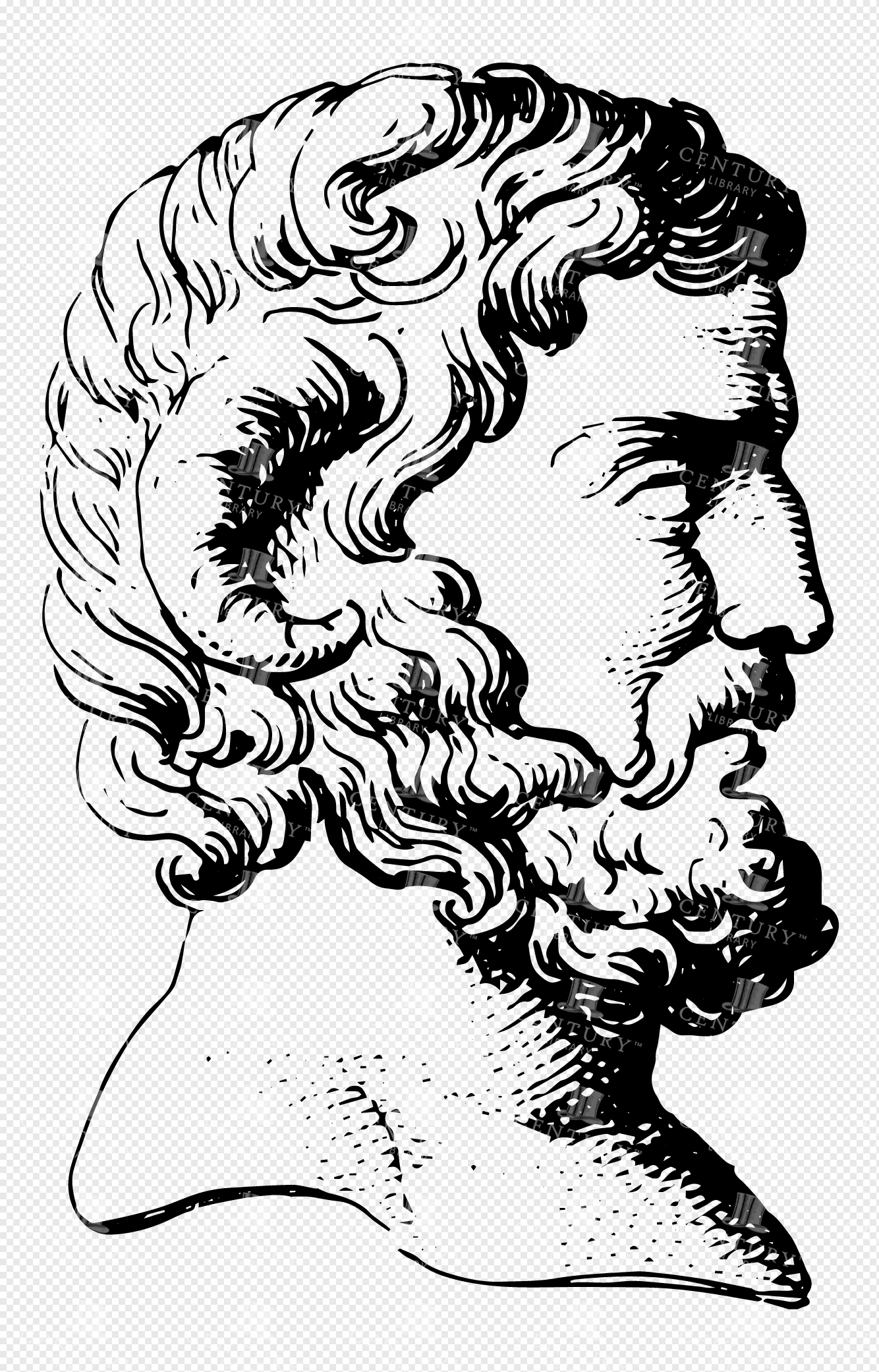 Ancient Greek Philosopher Epicurus in Detailed Profile with Curly Beard and Hair