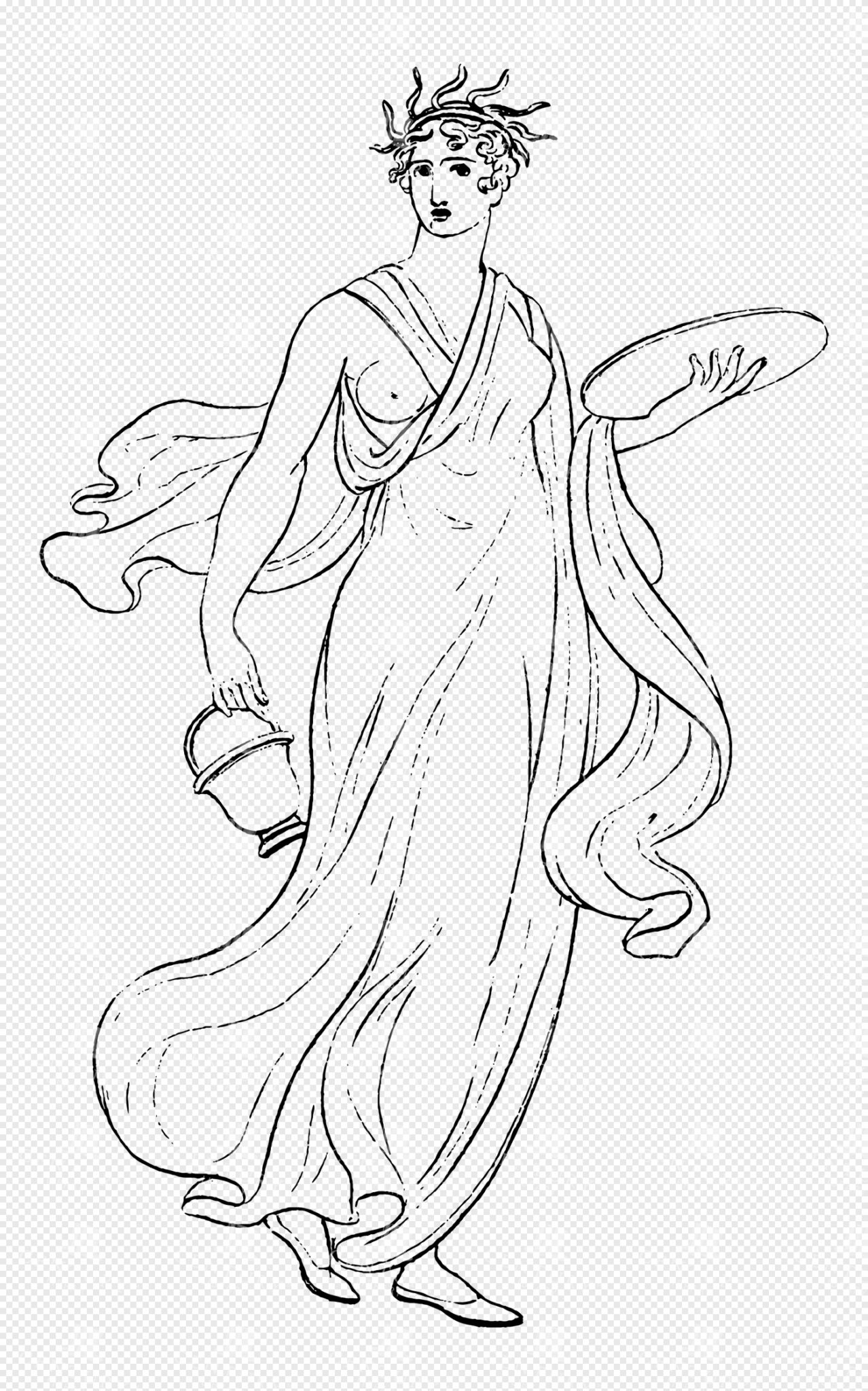 Greek Mythology Lineart Illustration of Hestia Holding Plate and Water Jug in Flowing Robes