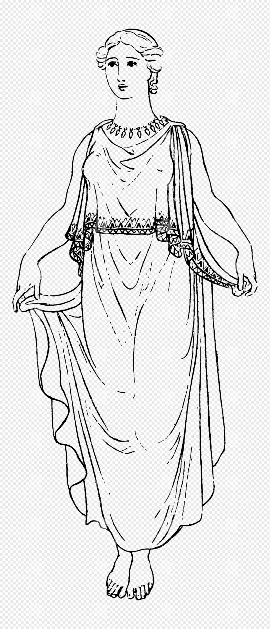 Greek Mythology Lineart Illustration of Hera Wearing Flowing Robes with Ornate Jewelry
