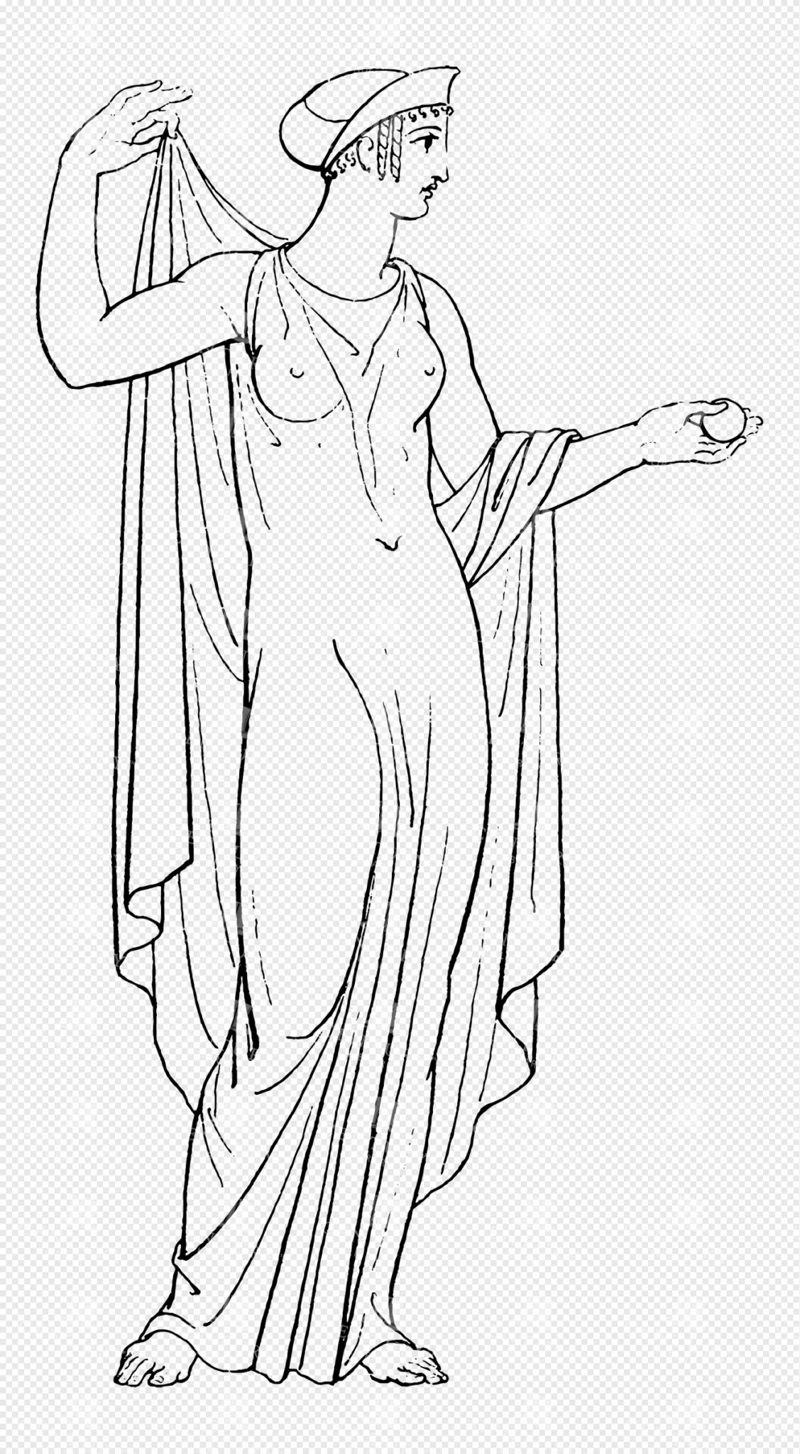 Greek Goddess Hera in Flowing Draped Robes with Ornamental Headpiece Holding Sphere