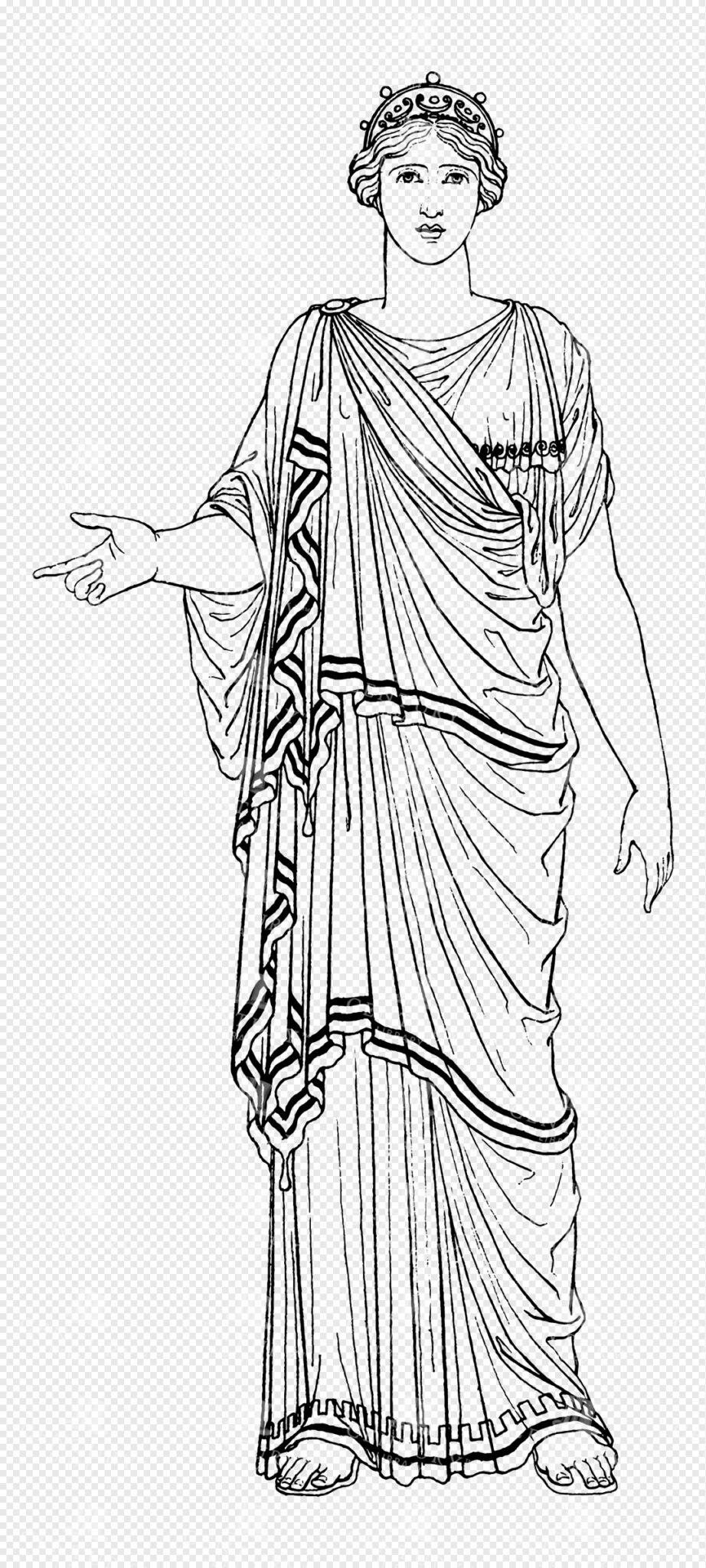 Greek Goddess Hera Wearing Crown and Draped Robe with Outstretched Hand