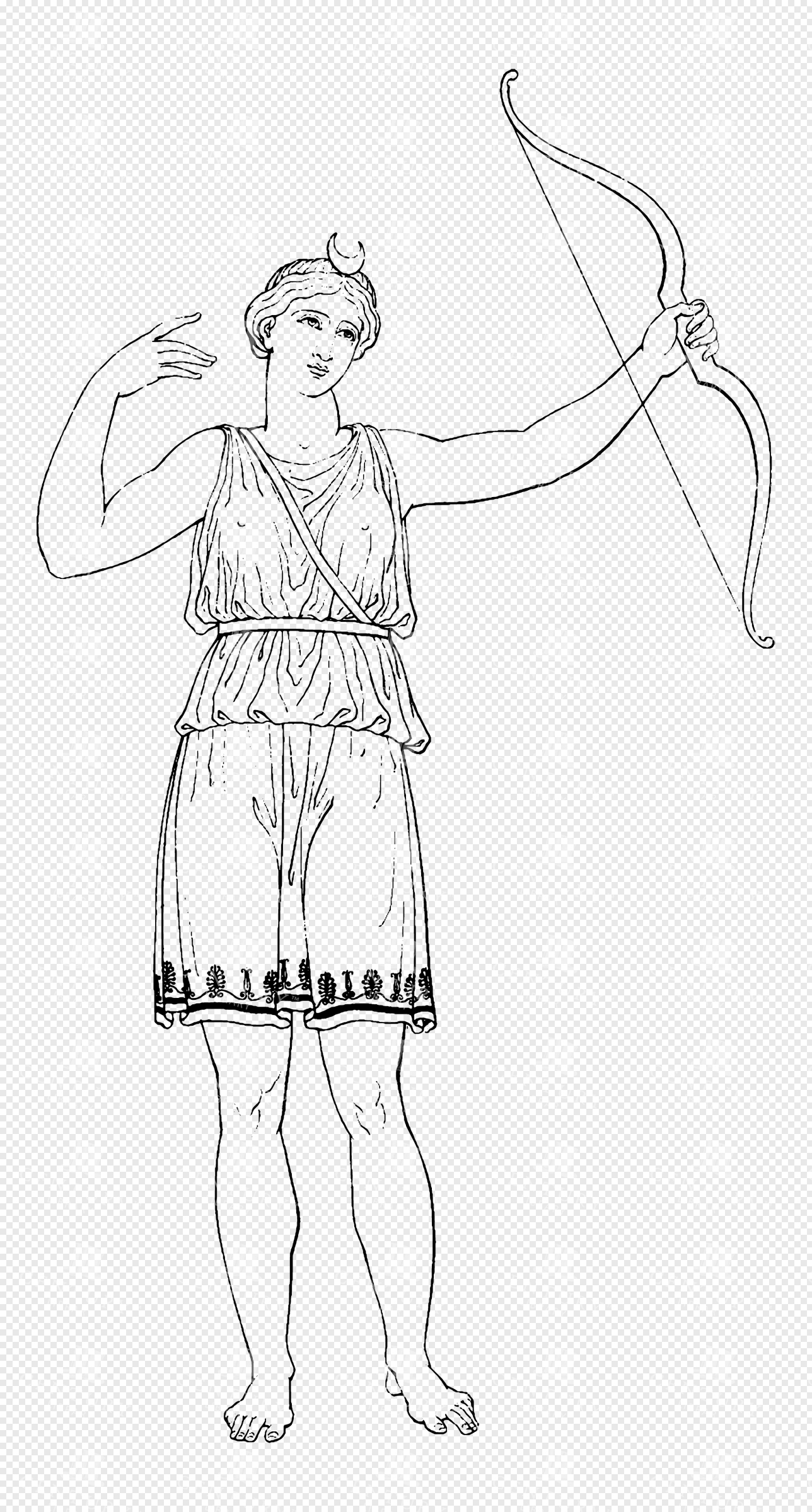 Greek Goddess Artemis Holding Bow in Flowing Tunic with Crescent Crown