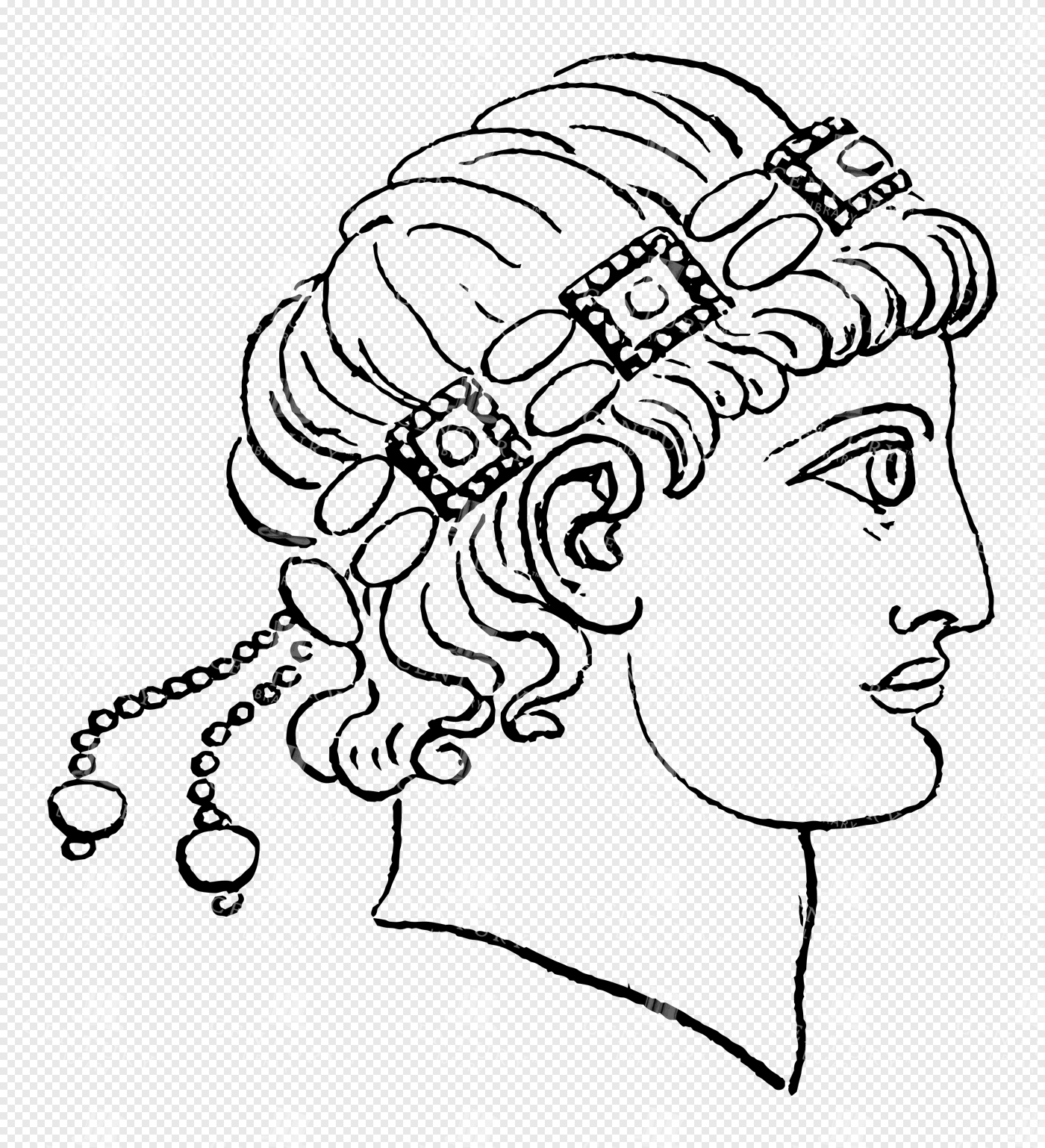 Greek Mythology Lineart – Young God with Bejeweled Headband and Curly Hair