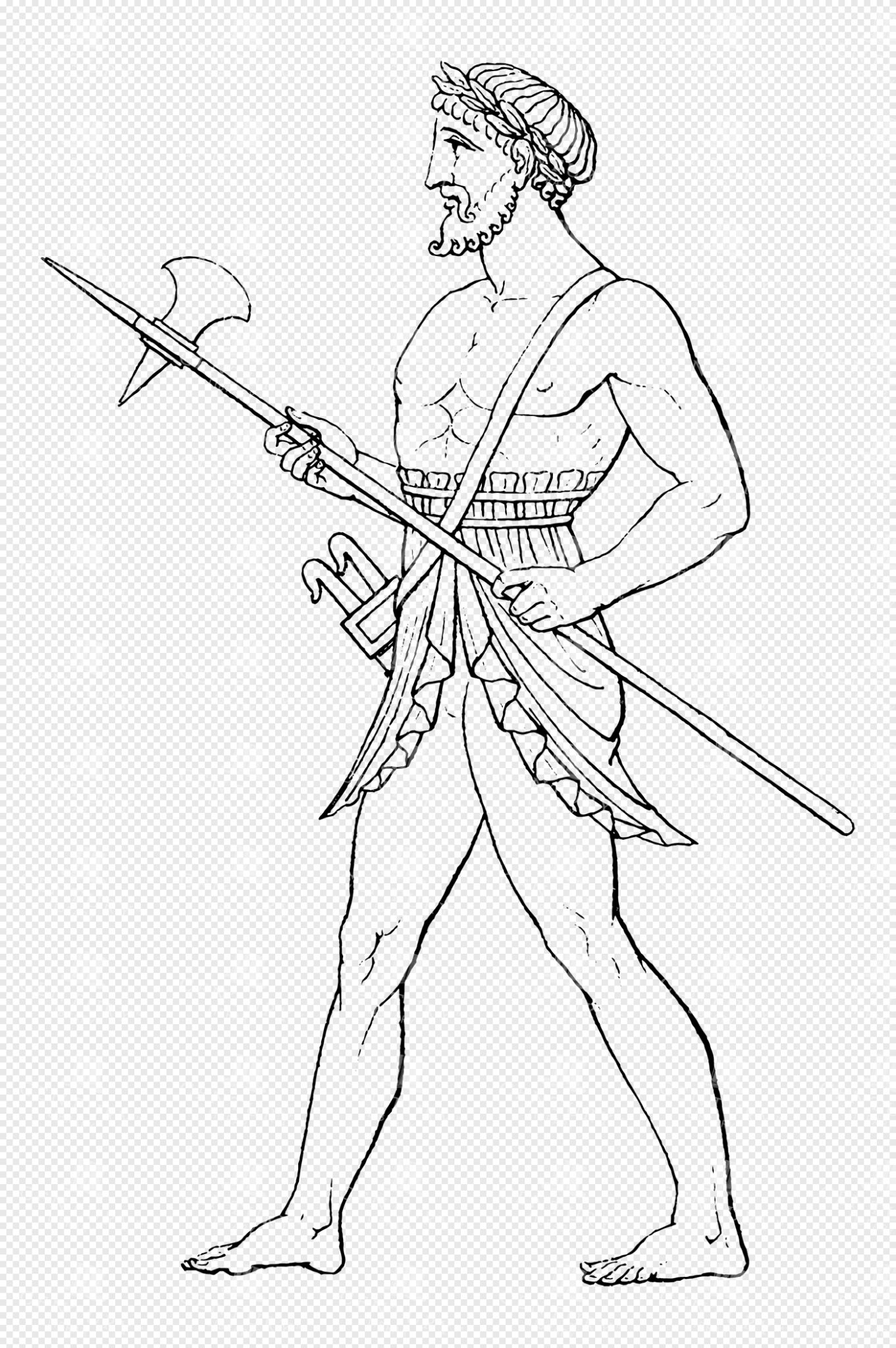 Ares Holding a Double-Edged Battle Axe in Warrior’s Stance with Laurel Crown