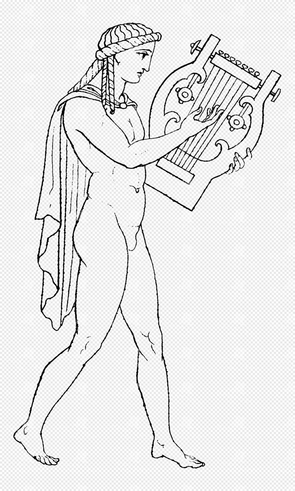 Apollo Playing a Large Ornate Lyre with Flowing Hair and Cloak
