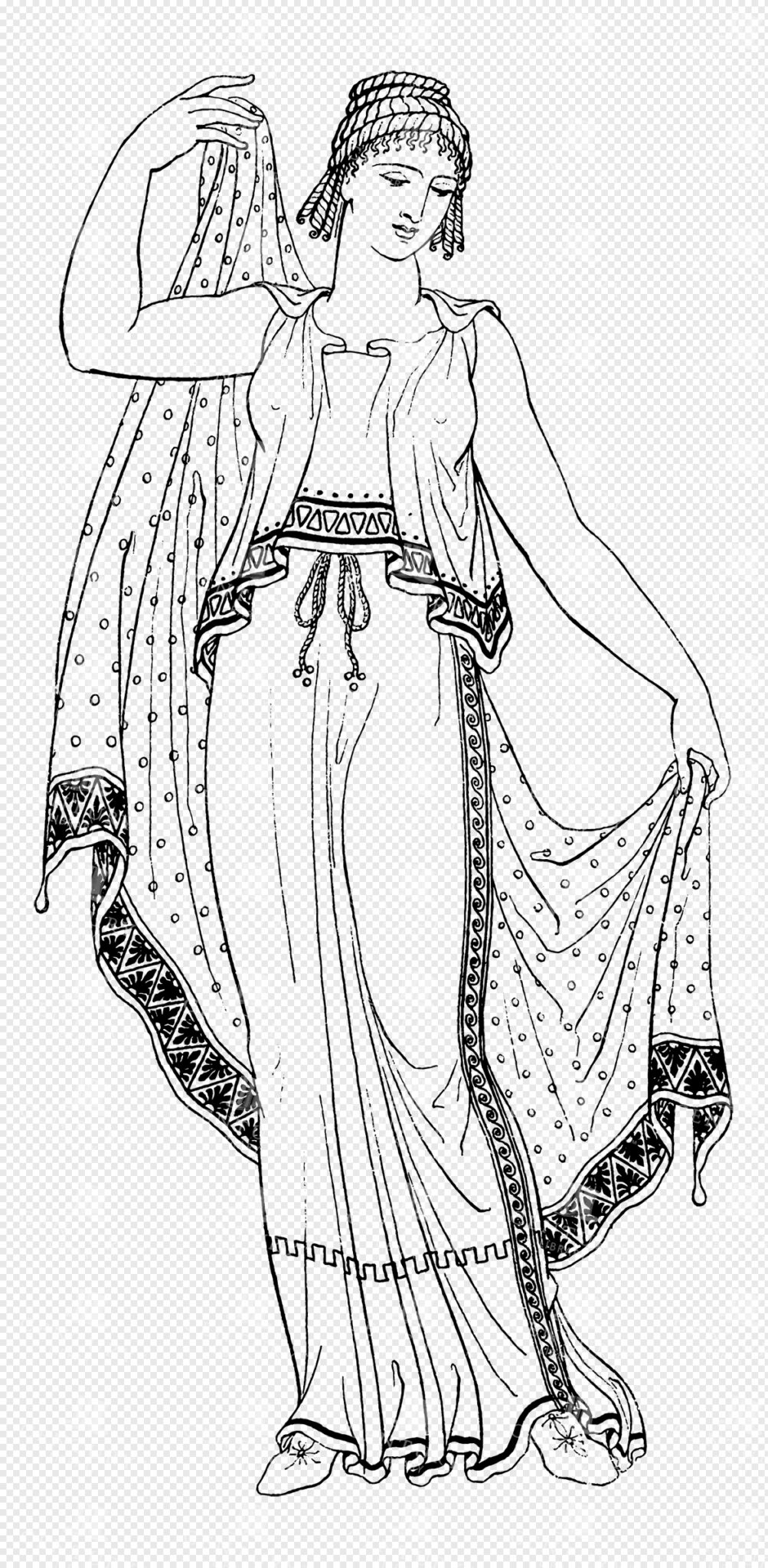 Hera Wearing a Flowing Patterned Dress with a Decorative Headpiece