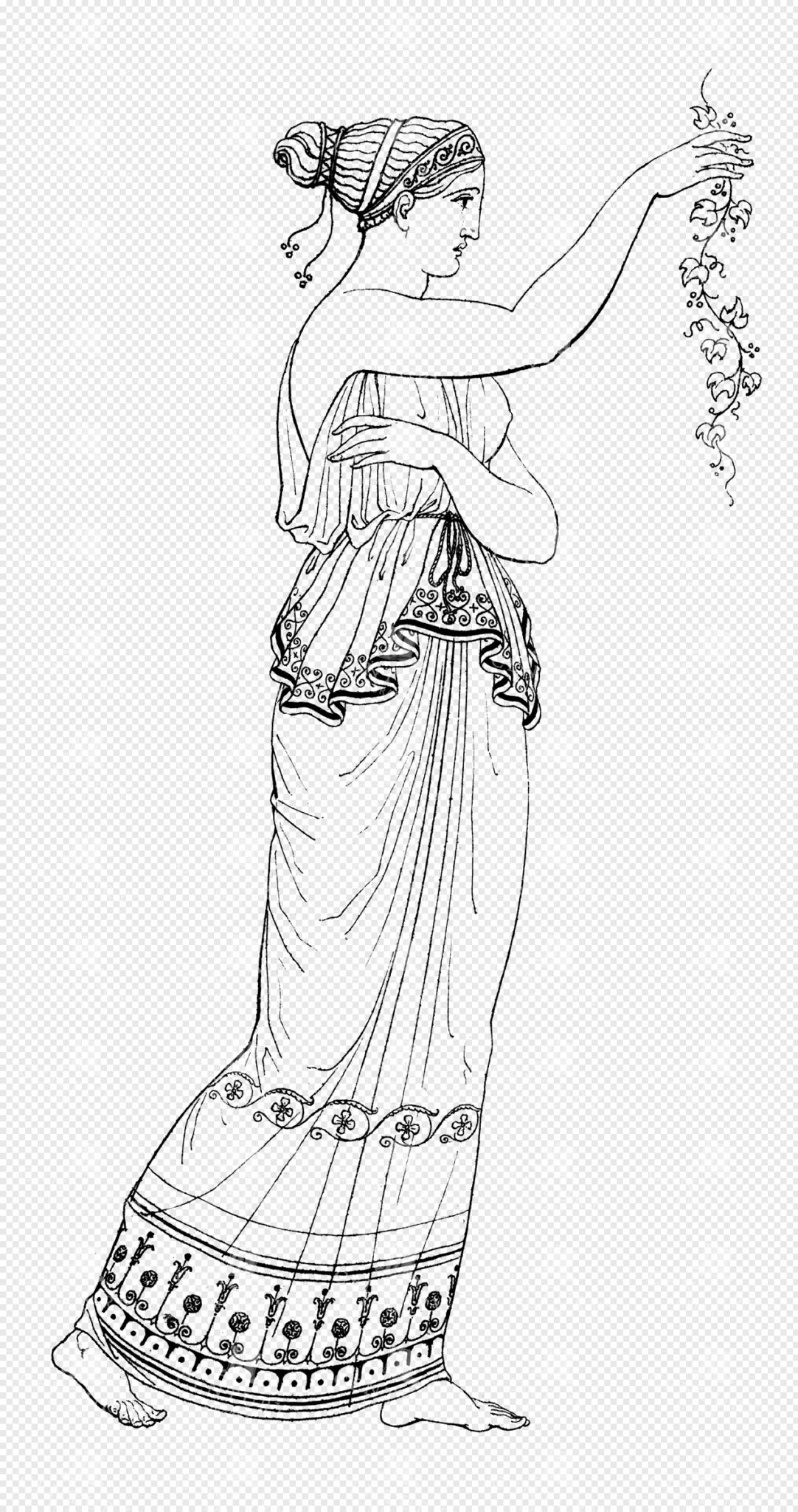 Greek Goddess Persephone Holding Vine In Flowing Draped Dress With Ornate Patterns