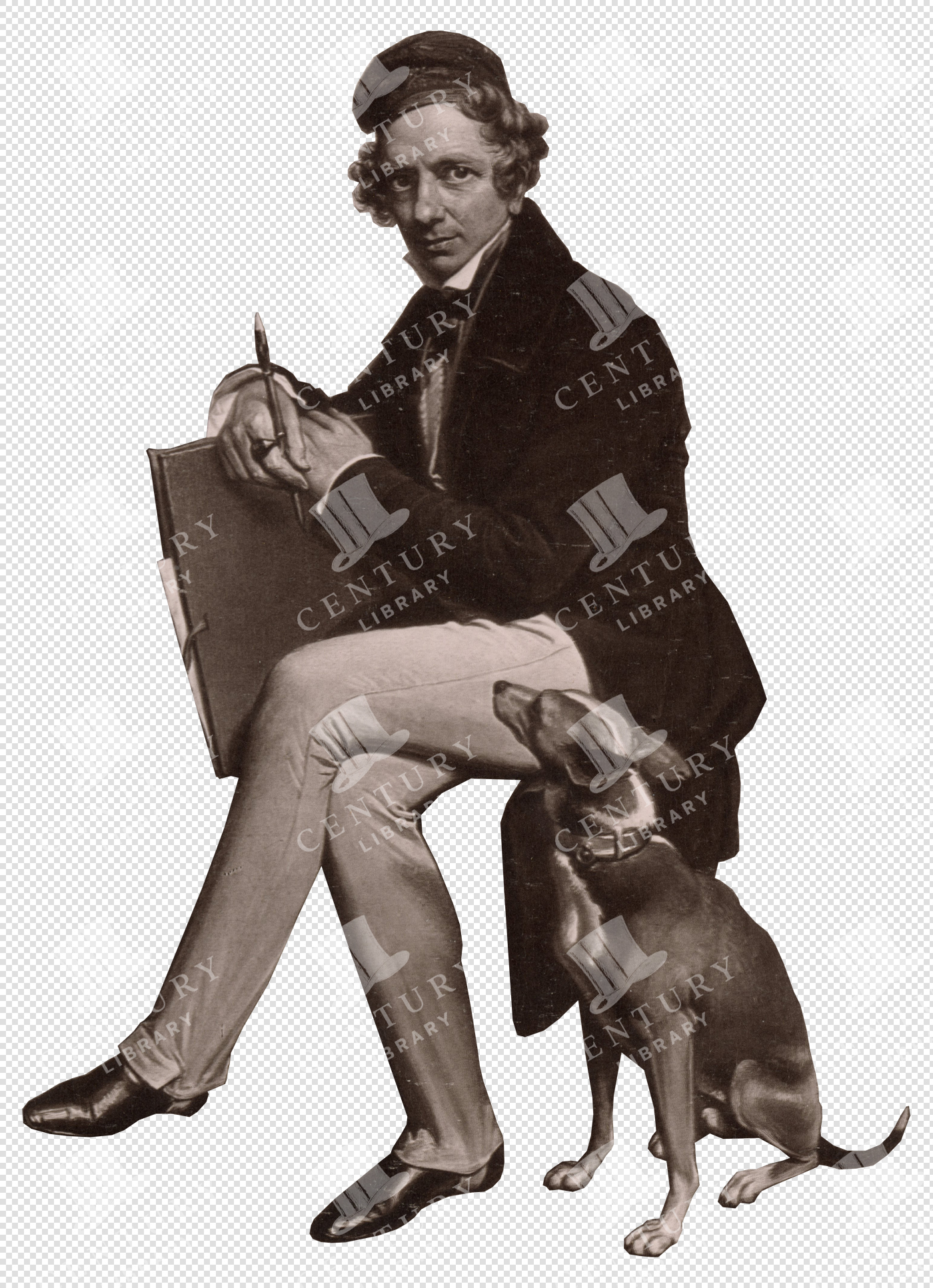 Young male artist sketching with his dog sitting beside him.