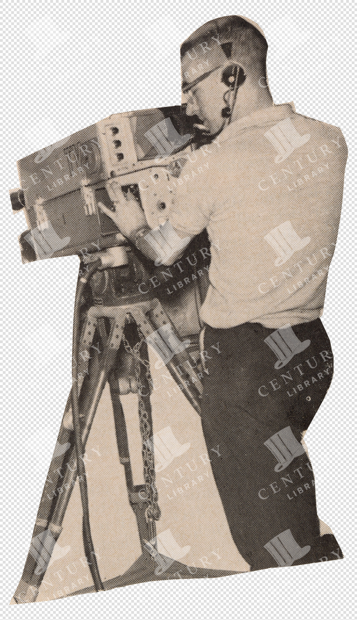 Man Operating Large Vintage Television Camera With Headphones on Tripod.