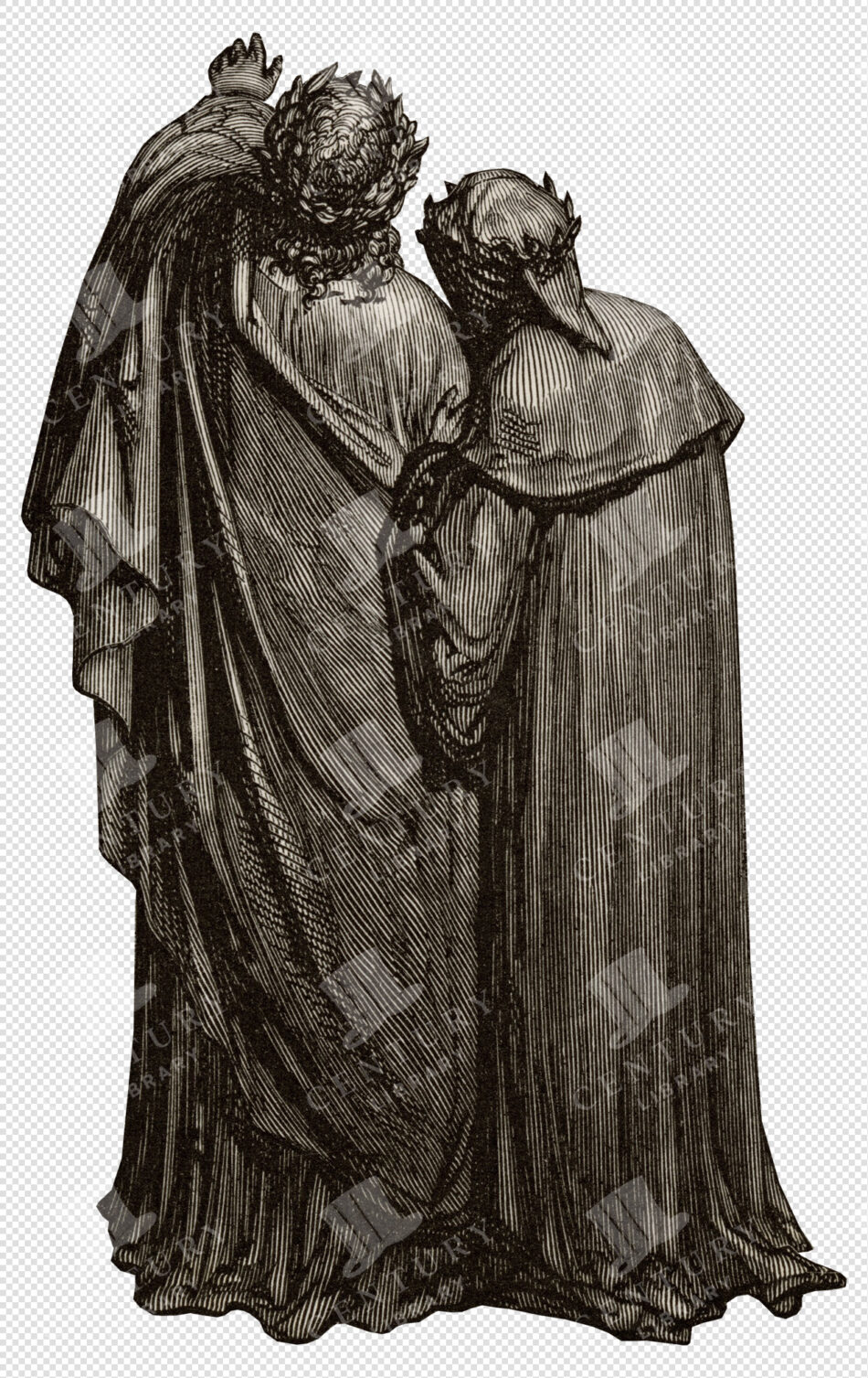 Two People Looking Up in Long Cloaks and Laurel Crowns