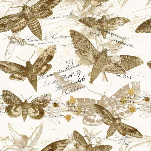 Golden Moth Seamless Pattern with Ephemera and Vintage Botanical Postcard Collage