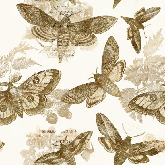 Golden Moth Botanical Collage Seamless Pattern Design