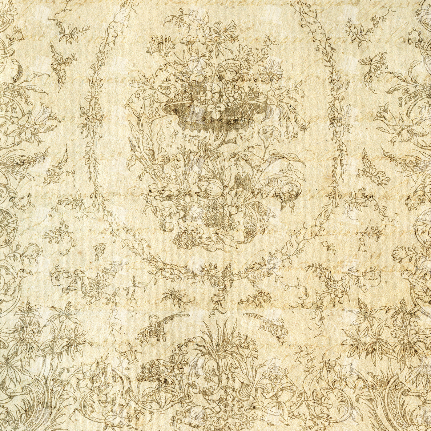 Antique Floral Wallpaper Texture with Basket Motif and Ornate Botanical Engraving