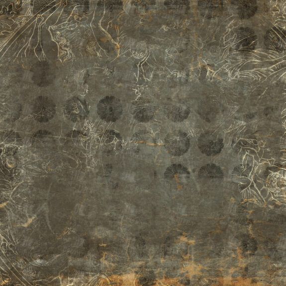 Grunge Paper Texture with Faded Mythological Line Art and Fan Pattern Motif