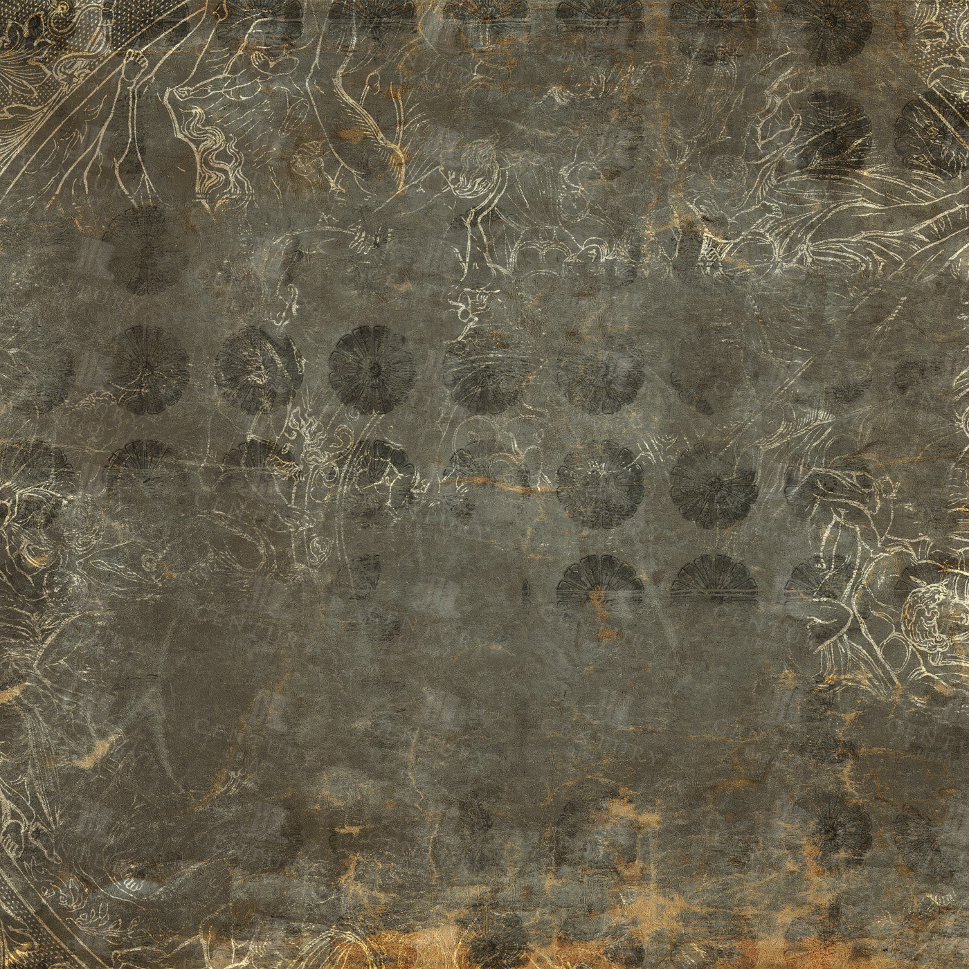 Grunge Paper Texture with Faded Mythological Line Art and Fan Pattern Motif