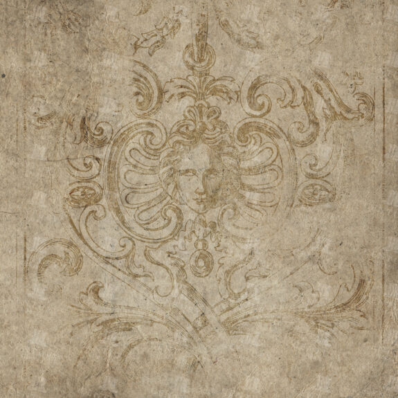Worn Paper Texture with Faded Engraving of Ornamental Face and Scrollwork