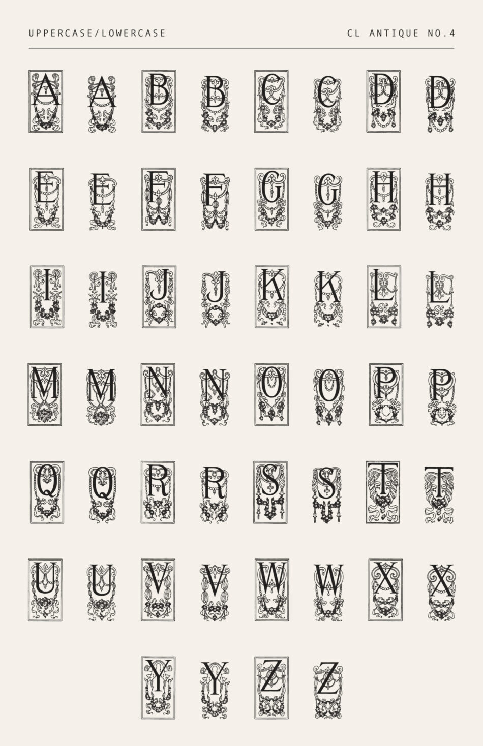 Victorian Chandelier Drop Cap Font – 1800s Ornamental Letters with Hanging Flourishes (CL Antique No.4)