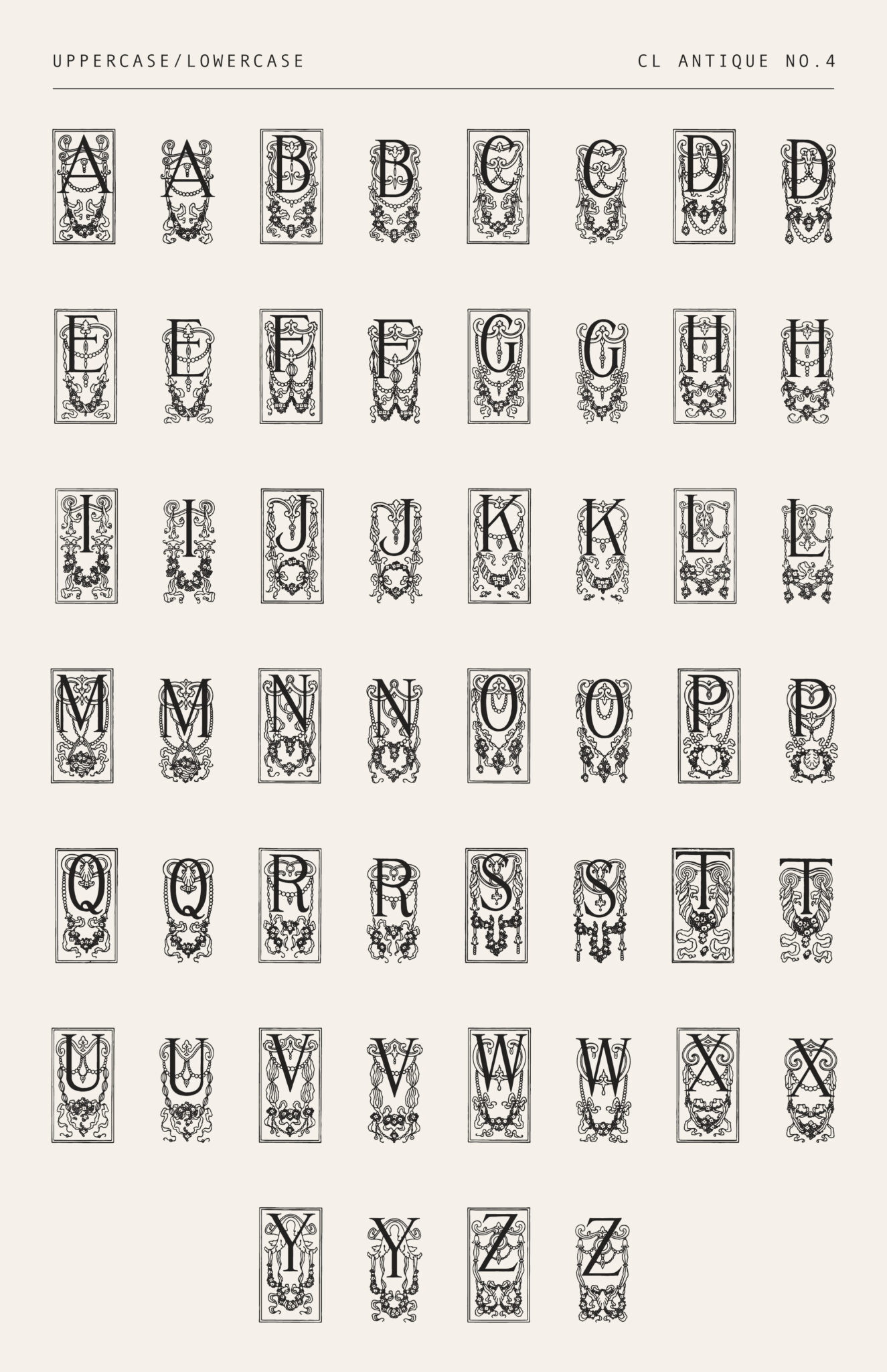 Victorian Chandelier Drop Cap Font – 1800s Ornamental Letters with Hanging Flourishes (CL Antique No.4)