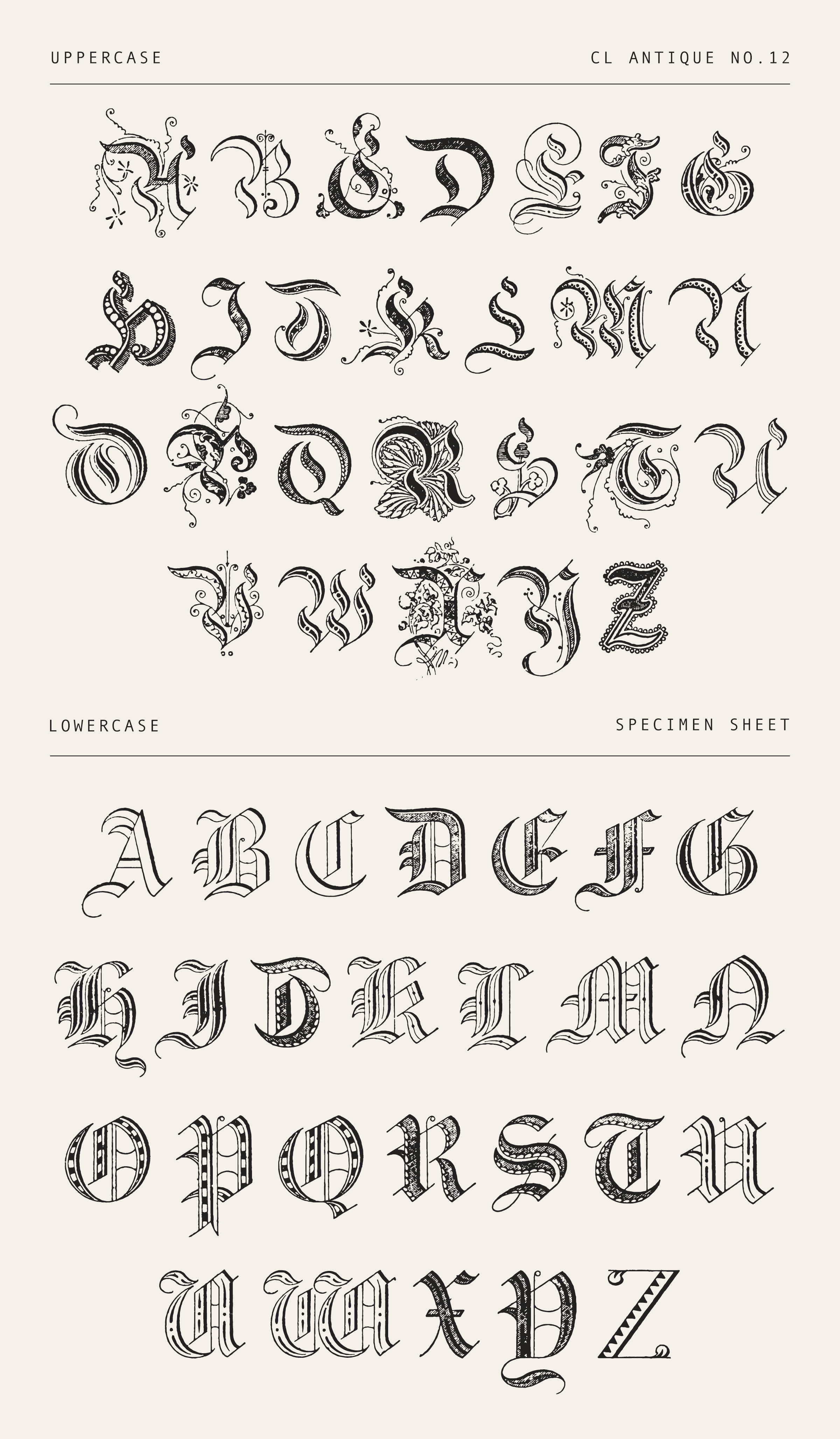 Decorative Gothic Drop Cap Font with Eclectic Ornamental Letters from Historic Sources (CL Antique No.12)