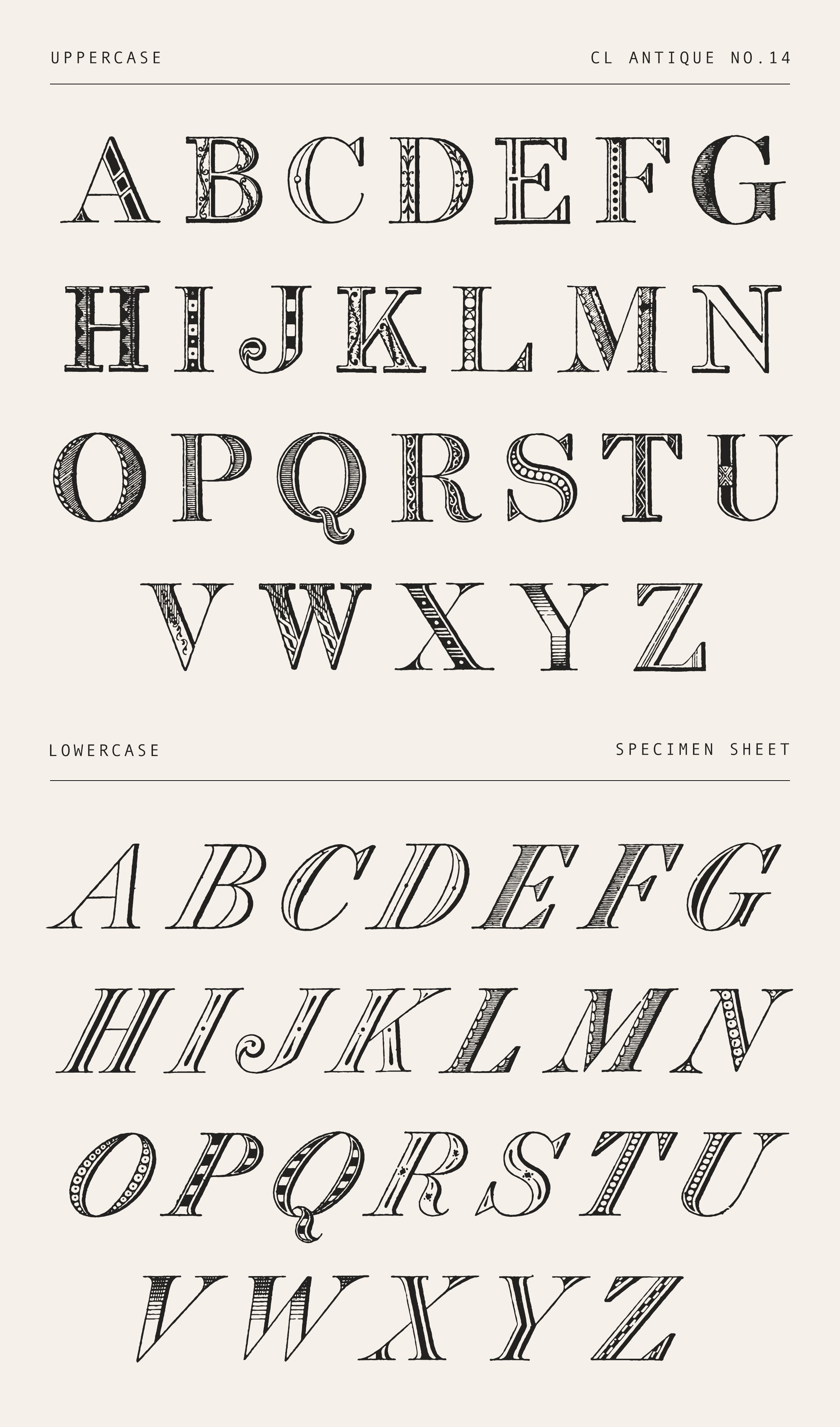 Engraved Roman Display Font – Decorative 19th Century Capitals with Pattern Fills (CL Antique No.14)