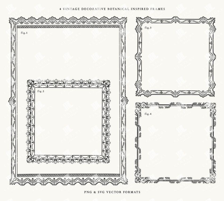 4 Vintage Decorative Botanical Frames – Ornamental Botanical PNG & SVG Vector Set