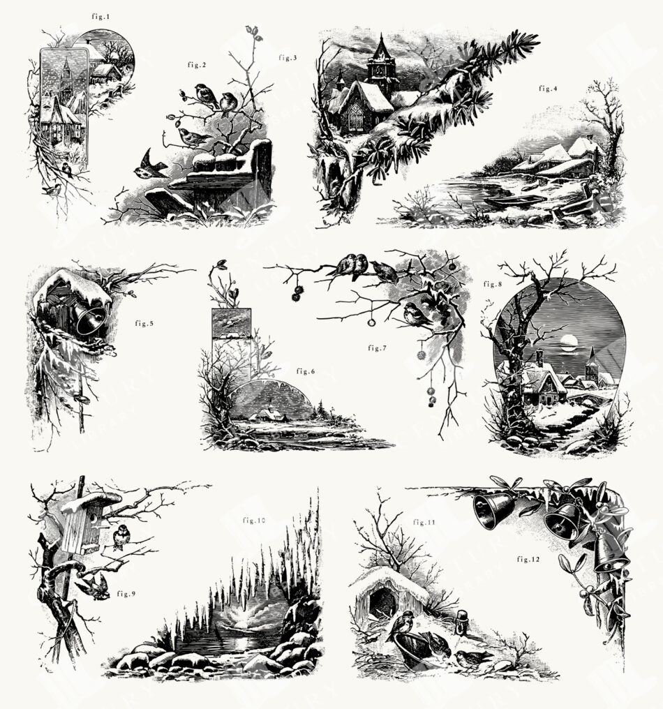 Winter Countryside Vignettes With Birds, Cottages, And Moonlit Churches - Black-and-white Sheet Of Twelve Scenes