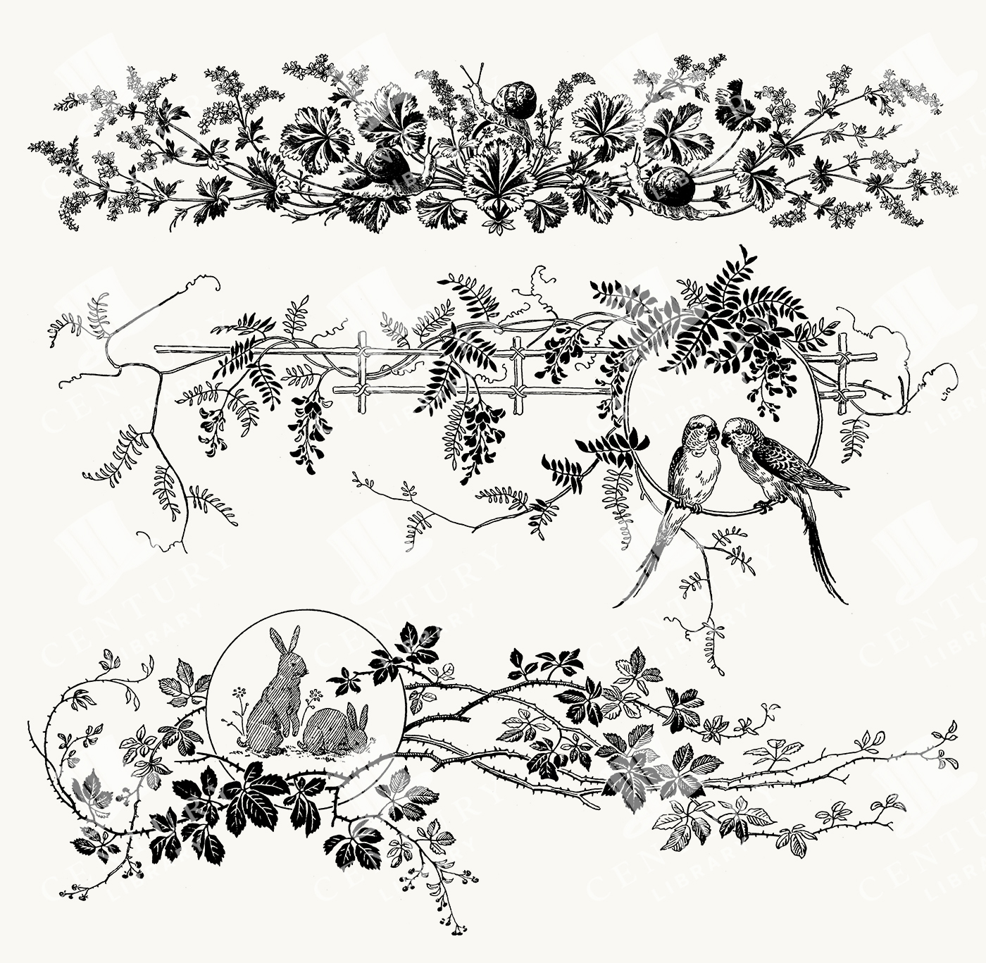 Botanical and Animal Ornaments with Rabbits