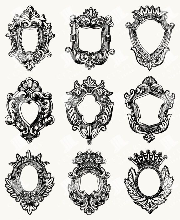 Decorative Heraldic Shields and Crest Frames in Ornate Styles