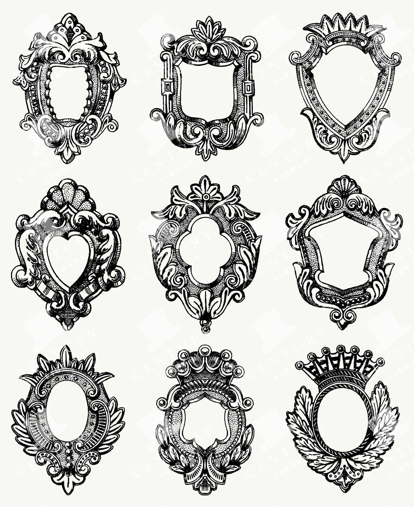 Decorative Heraldic Shields and Crest Frames in Ornate Styles