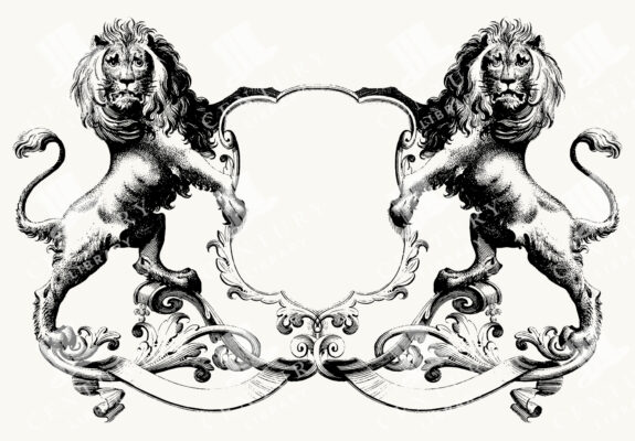 Heraldic Lion Crest Frame with Twin Lions and Ornamental Scrollwork