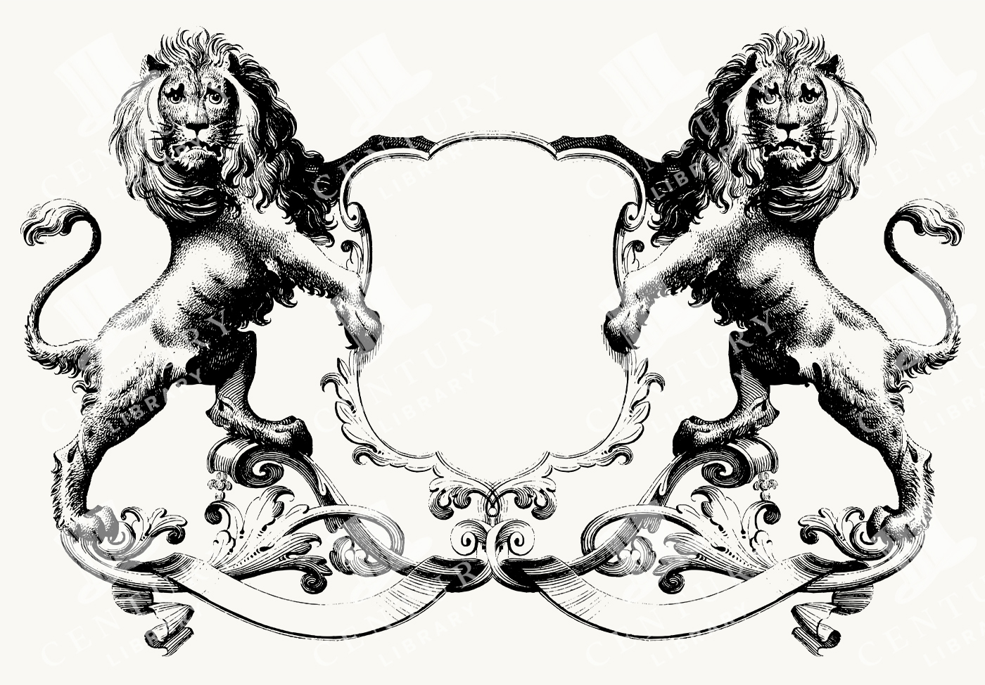 Heraldic Lion Crest Frame with Twin Lions and Ornamental Scrollwork