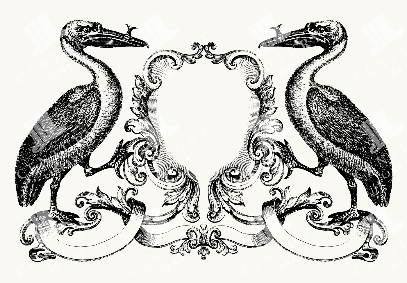 Heraldic Bird Crest Frame with Twin Pelicans and Scrollwork Banners