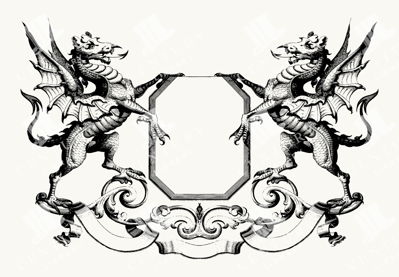 Heraldic Dragon Crest Frame with Twin Winged Dragons and Scrollwork