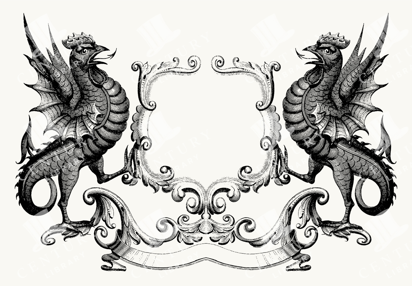 Heraldic Griffin Crest Frame with Twin Winged Griffins and Scrollwork
