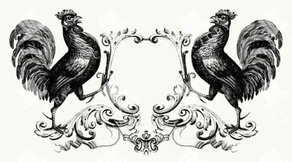 Heraldic Rooster Crest Frame with Twin Roosters and Ornamental Scrollwork