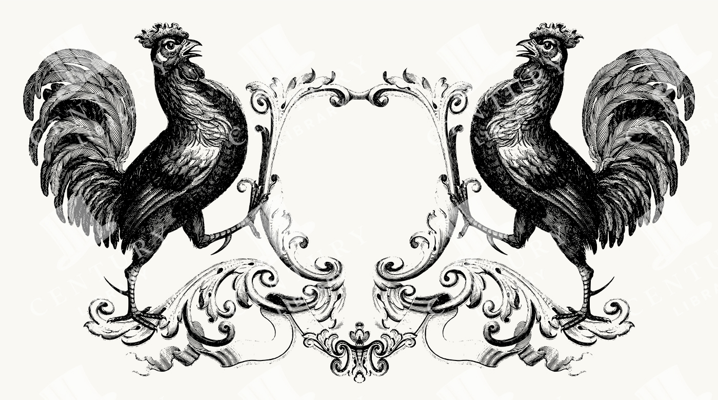 Heraldic Rooster Crest Frame with Twin Roosters and Ornamental Scrollwork