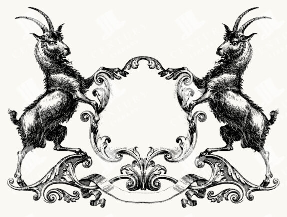 Heraldic Goat Crest Frame with Twin Goats and Ornamental Scrollwork