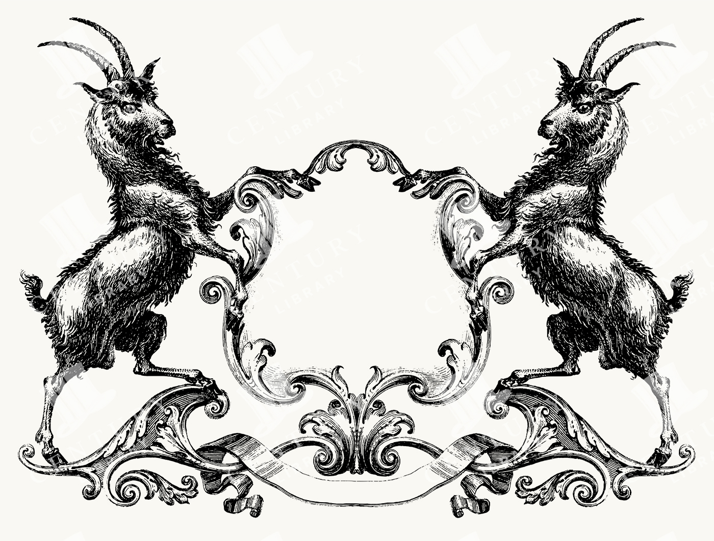Heraldic Goat Crest Frame with Twin Goats and Ornamental Scrollwork