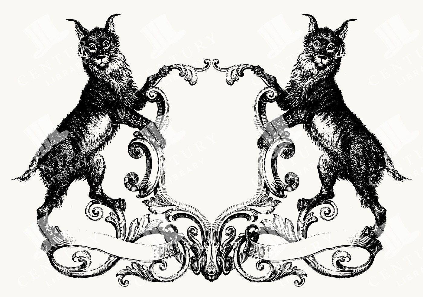 Heraldic Lynx Crest Frame with Twin Lynxes and Ornamental Scrollwork