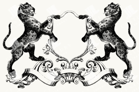 Heraldic Leopard Crest Frame with Twin Leopards and Ornamental Scrollwork