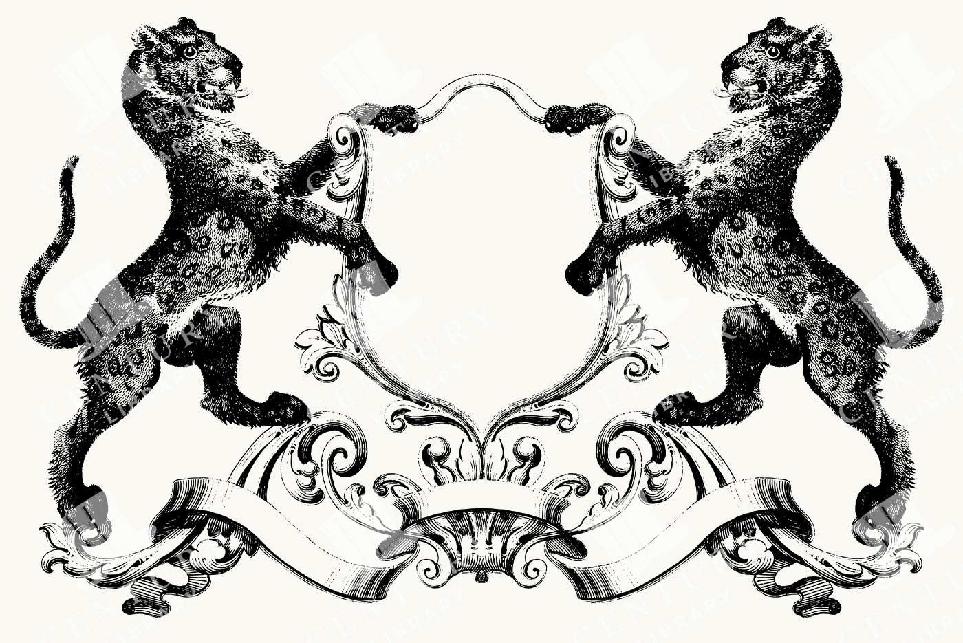 Heraldic Leopard Crest Frame with Twin Leopards and Ornamental Scrollwork