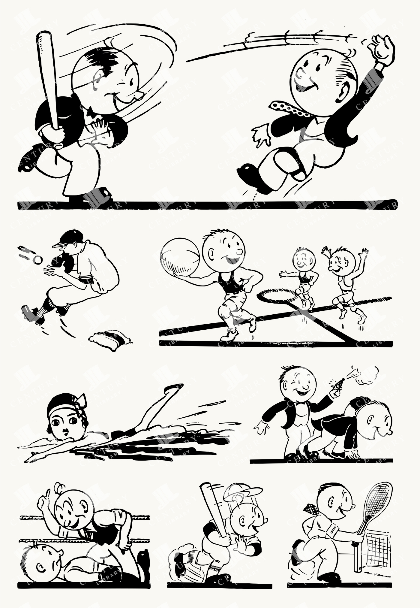 Whimsical Sport Illustrations in a Vintage 1920s Cartoon Style